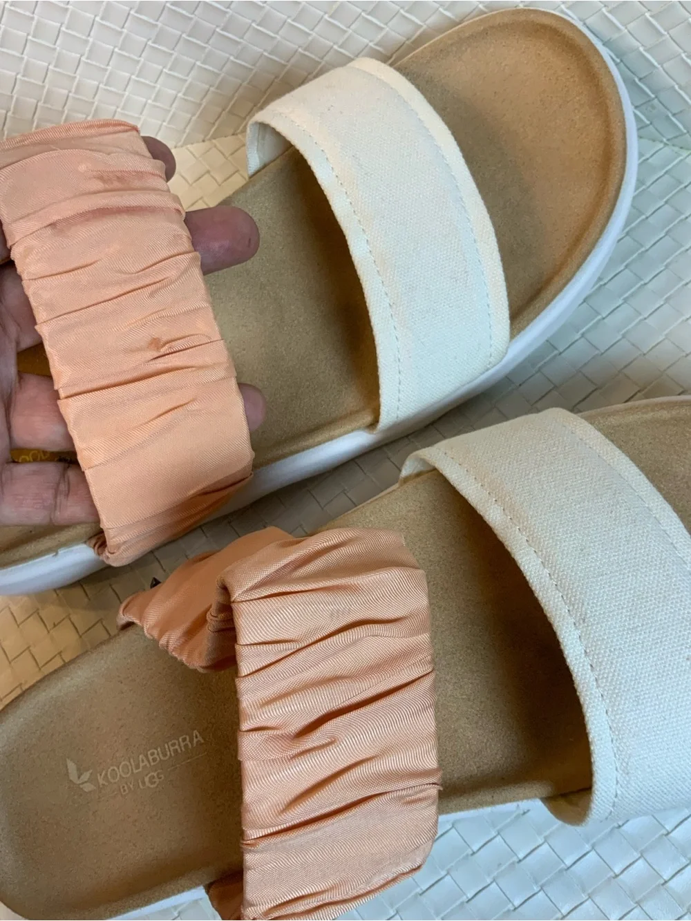 Koolaburra Peach and White Double-Strap Slide Sandals